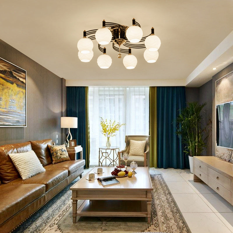 Black 3/6/8 Heads Semi Flush Mount Vintage Style White Glass Swirl Arm Designed Ceiling Light Fixture Clearhalo 'Ceiling Lights' 'Close To Ceiling Lights' 'Close to ceiling' 'Flush mount' Lighting' 1981742