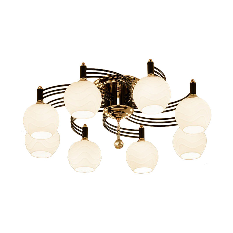 Black 3/6/8 Heads Semi Flush Mount Vintage Style White Glass Swirl Arm Designed Ceiling Light Fixture Clearhalo 'Ceiling Lights' 'Close To Ceiling Lights' 'Close to ceiling' 'Flush mount' Lighting' 1981743