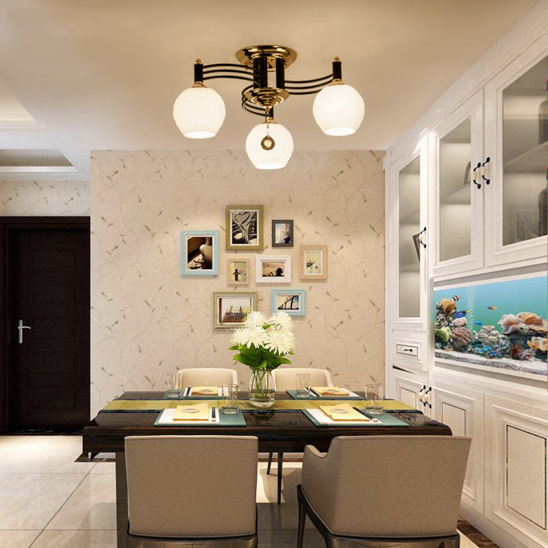 Black 3/6/8 Heads Semi Flush Mount Vintage Style White Glass Swirl Arm Designed Ceiling Light Fixture Clearhalo 'Ceiling Lights' 'Close To Ceiling Lights' 'Close to ceiling' 'Flush mount' Lighting' 1981748