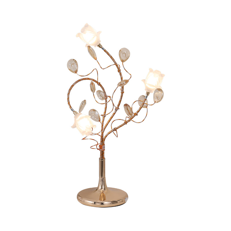 3 Heads Flower Nightstand Lamps Countryside Silver/Gold White Glass Shade Table Light with Crystal Deco Clearhalo 'Lamps' 'Table Lamps' Lighting' 1981762