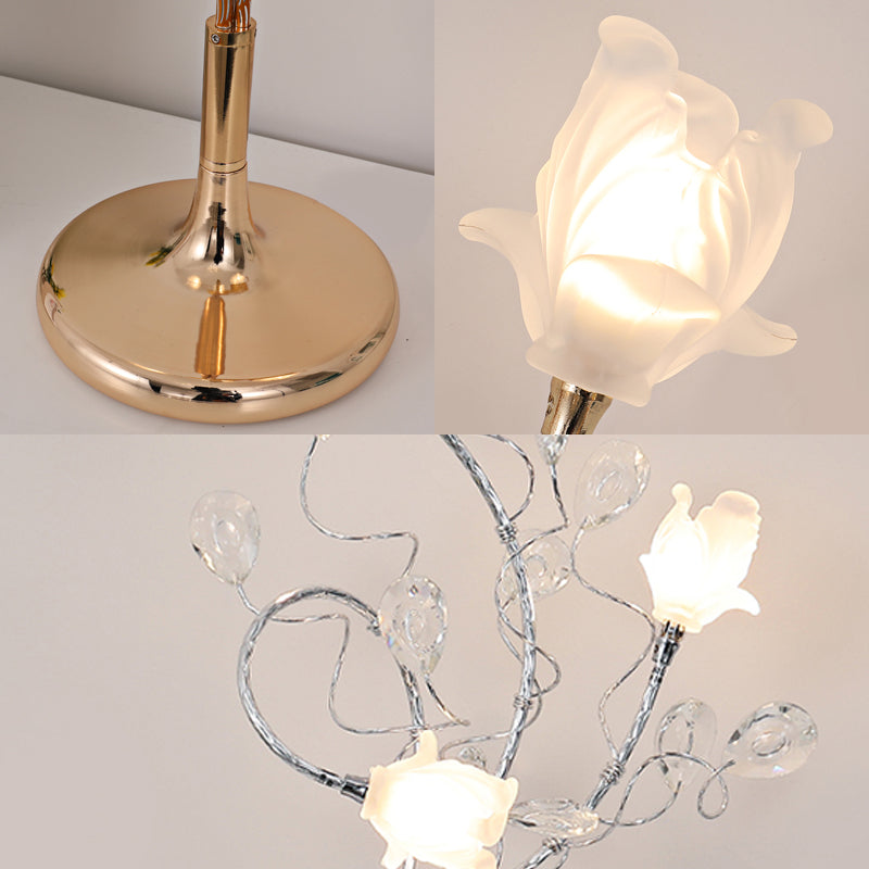 3 Heads Flower Nightstand Lamps Countryside Silver/Gold White Glass Shade Table Light with Crystal Deco Clearhalo 'Lamps' 'Table Lamps' Lighting' 1981764