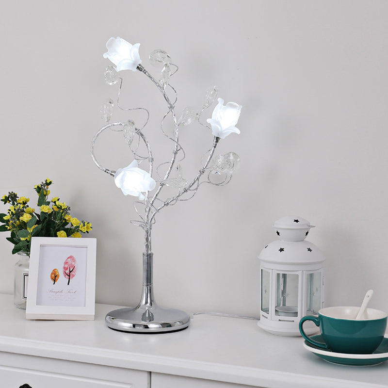 3 Heads Flower Nightstand Lamps Countryside Silver/Gold White Glass Shade Table Light with Crystal Deco Clearhalo 'Lamps' 'Table Lamps' Lighting' 1981765