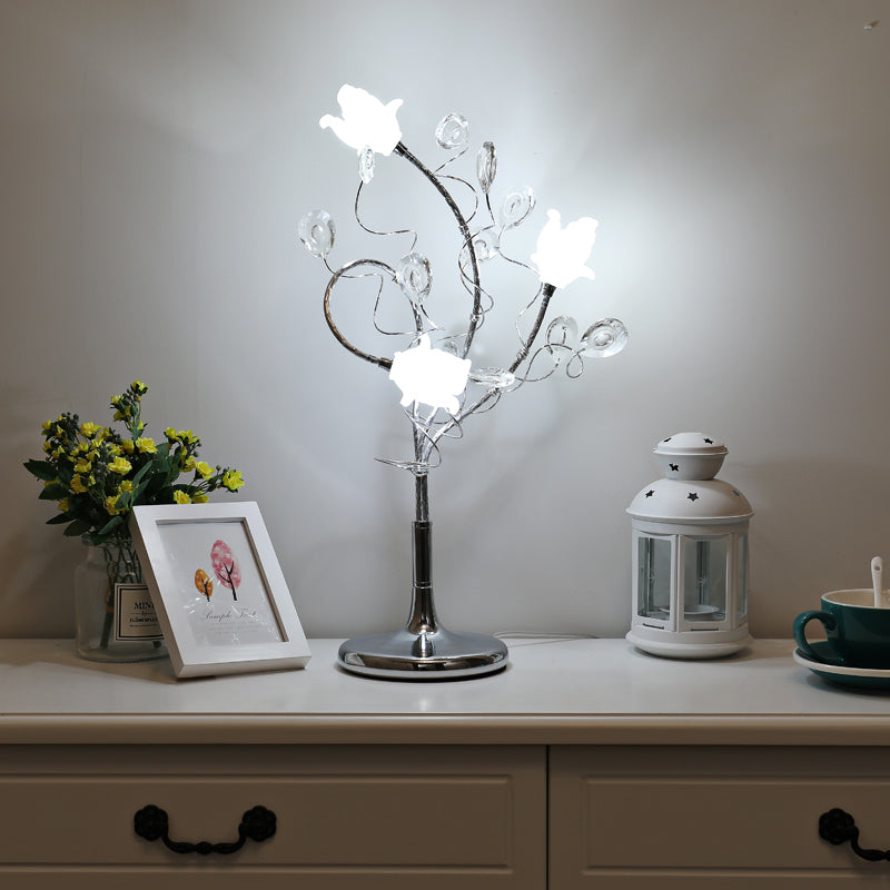 3 Heads Flower Nightstand Lamps Countryside Silver/Gold White Glass Shade Table Light with Crystal Deco Silver Clearhalo 'Lamps' 'Table Lamps' Lighting' 1981766