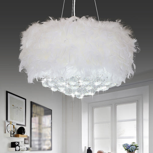 Drum Bedroom Ceiling Pendant Feather 3/9/11-Bulb Minimalist Chandelier Light in White with Crystal Orb, 16"/18"/23.5" W Clearhalo 'Ceiling Lights' 'Chandeliers' 'Modern Chandeliers' 'Modern' Lighting' 1981788