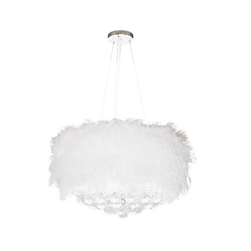 Drum Bedroom Ceiling Pendant Feather 3/9/11-Bulb Minimalist Chandelier Light in White with Crystal Orb, 16"/18"/23.5" W Clearhalo 'Ceiling Lights' 'Chandeliers' 'Modern Chandeliers' 'Modern' Lighting' 1981790