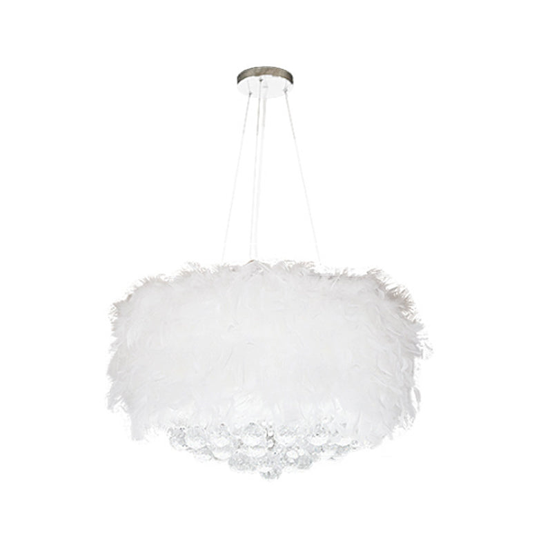 Drum Bedroom Ceiling Pendant Feather 3/9/11-Bulb Minimalist Chandelier Light in White with Crystal Orb, 16"/18"/23.5" W Clearhalo 'Ceiling Lights' 'Chandeliers' 'Modern Chandeliers' 'Modern' Lighting' 1981790