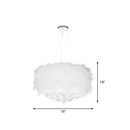 Drum Bedroom Ceiling Pendant Feather 3/9/11-Bulb Minimalist Chandelier Light in White with Crystal Orb, 16"/18"/23.5" W Clearhalo 'Ceiling Lights' 'Chandeliers' 'Modern Chandeliers' 'Modern' Lighting' 1981791