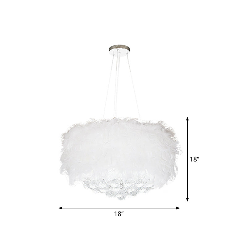 Drum Bedroom Ceiling Pendant Feather 3/9/11-Bulb Minimalist Chandelier Light in White with Crystal Orb, 16"/18"/23.5" W Clearhalo 'Ceiling Lights' 'Chandeliers' 'Modern Chandeliers' 'Modern' Lighting' 1981792