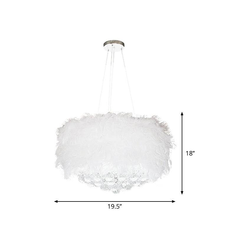 Drum Bedroom Ceiling Pendant Feather 3/9/11-Bulb Minimalist Chandelier Light in White with Crystal Orb, 16"/18"/23.5" W Clearhalo 'Ceiling Lights' 'Chandeliers' 'Modern Chandeliers' 'Modern' Lighting' 1981793