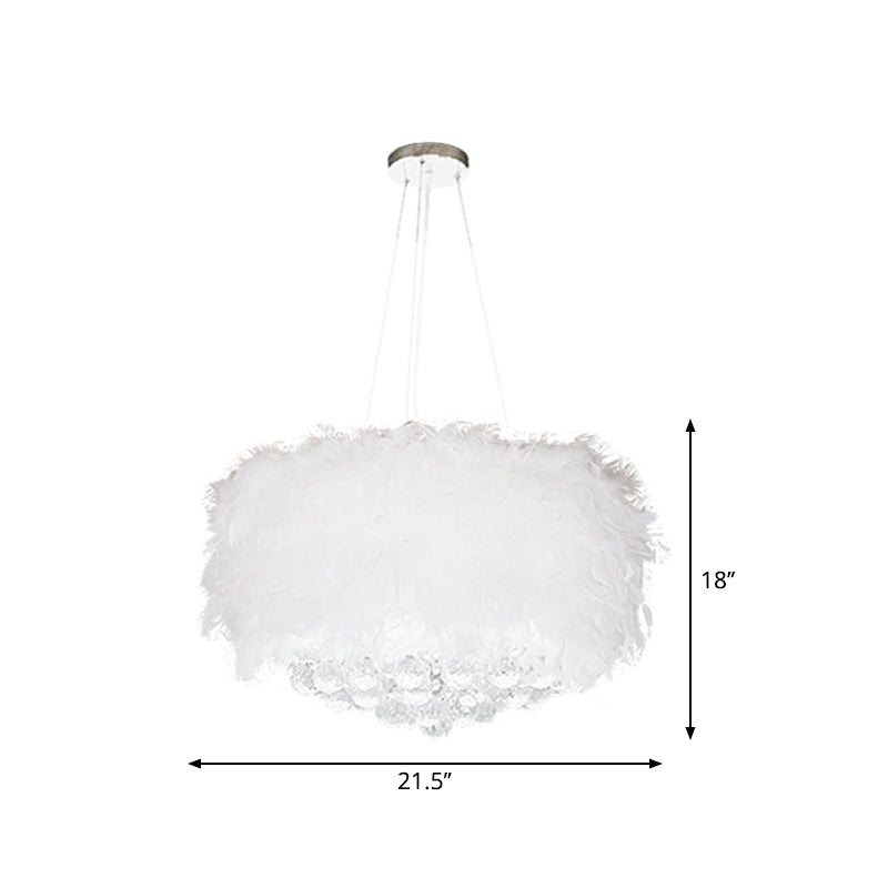 Drum Bedroom Ceiling Pendant Feather 3/9/11-Bulb Minimalist Chandelier Light in White with Crystal Orb, 16"/18"/23.5" W Clearhalo 'Ceiling Lights' 'Chandeliers' 'Modern Chandeliers' 'Modern' Lighting' 1981794