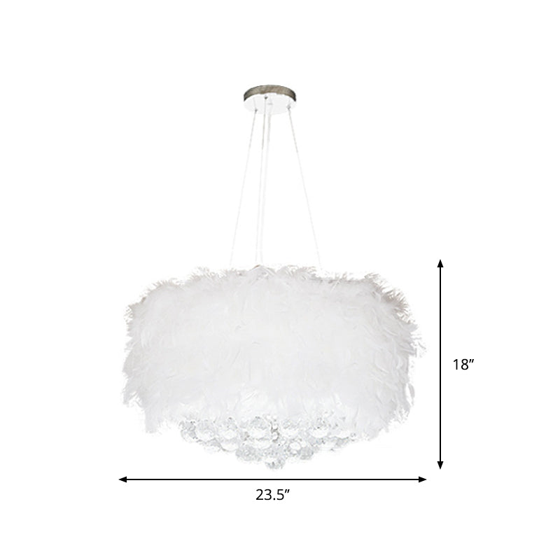 Drum Bedroom Ceiling Pendant Feather 3/9/11-Bulb Minimalist Chandelier Light in White with Crystal Orb, 16"/18"/23.5" W Clearhalo 'Ceiling Lights' 'Chandeliers' 'Modern Chandeliers' 'Modern' Lighting' 1981795