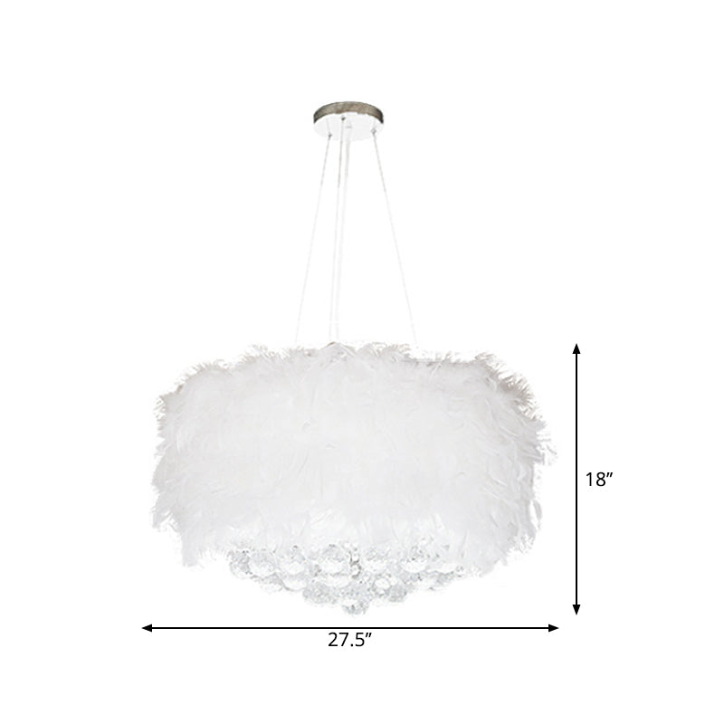 Drum Bedroom Ceiling Pendant Feather 3/9/11-Bulb Minimalist Chandelier Light in White with Crystal Orb, 16"/18"/23.5" W Clearhalo 'Ceiling Lights' 'Chandeliers' 'Modern Chandeliers' 'Modern' Lighting' 1981796