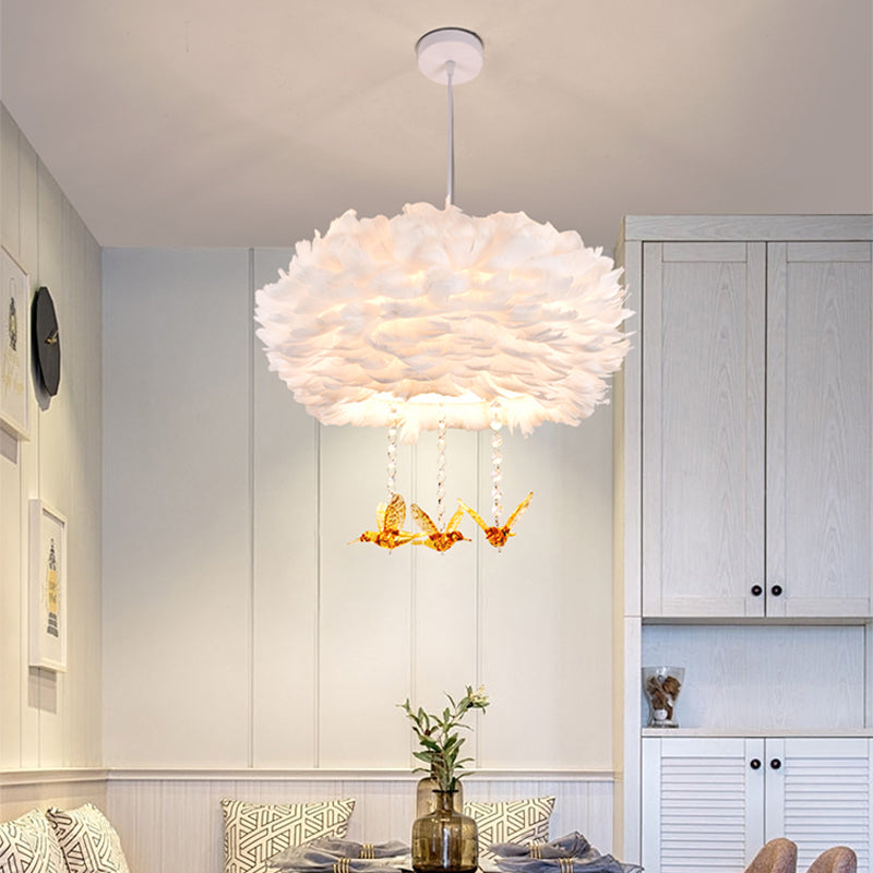 Drum Chandelier Modern Style Feather 3/4/5-Head White Pendant Light with Amber Bird Decor, 16"/19.5"/31.5" Width White Clearhalo 'Ceiling Lights' 'Chandeliers' 'Modern Chandeliers' 'Modern' Lighting' 1981797