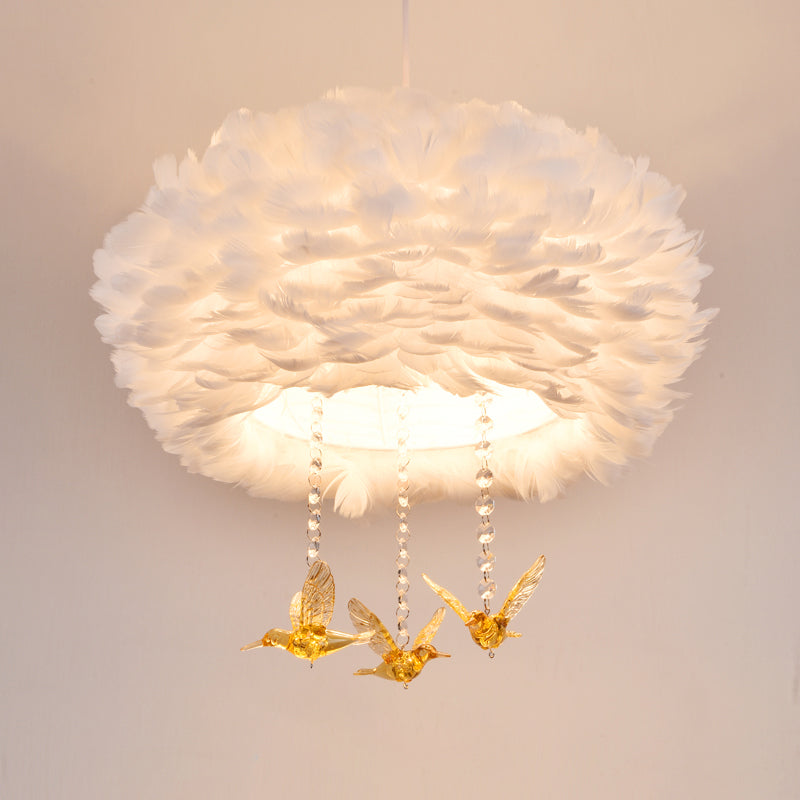 Drum Chandelier Modern Style Feather 3/4/5-Head White Pendant Light with Amber Bird Decor, 16"/19.5"/31.5" Width Clearhalo 'Ceiling Lights' 'Chandeliers' 'Modern Chandeliers' 'Modern' Lighting' 1981798