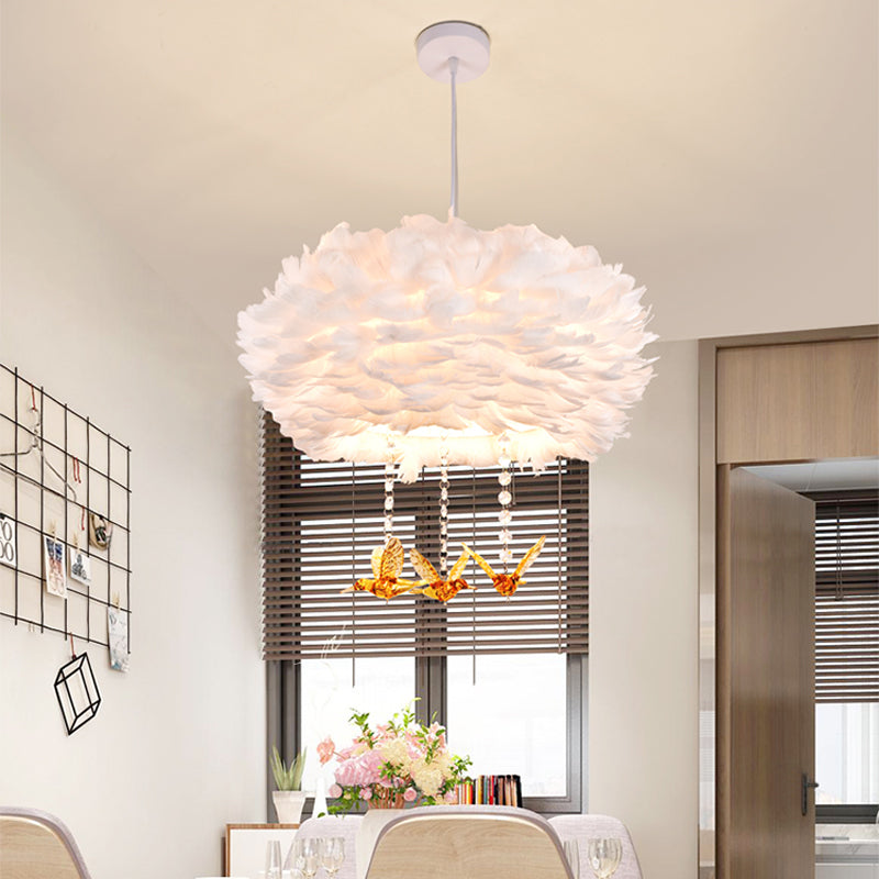 Drum Chandelier Modern Style Feather 3/4/5-Head White Pendant Light with Amber Bird Decor, 16"/19.5"/31.5" Width Clearhalo 'Ceiling Lights' 'Chandeliers' 'Modern Chandeliers' 'Modern' Lighting' 1981799