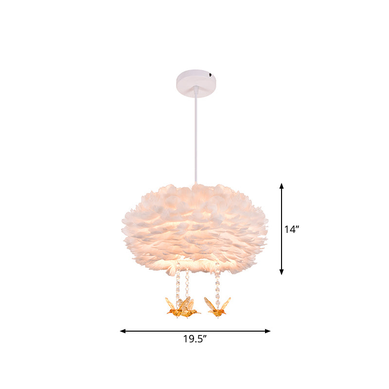 Drum Chandelier Modern Style Feather 3/4/5-Head White Pendant Light with Amber Bird Decor, 16"/19.5"/31.5" Width Clearhalo 'Ceiling Lights' 'Chandeliers' 'Modern Chandeliers' 'Modern' Lighting' 1981802