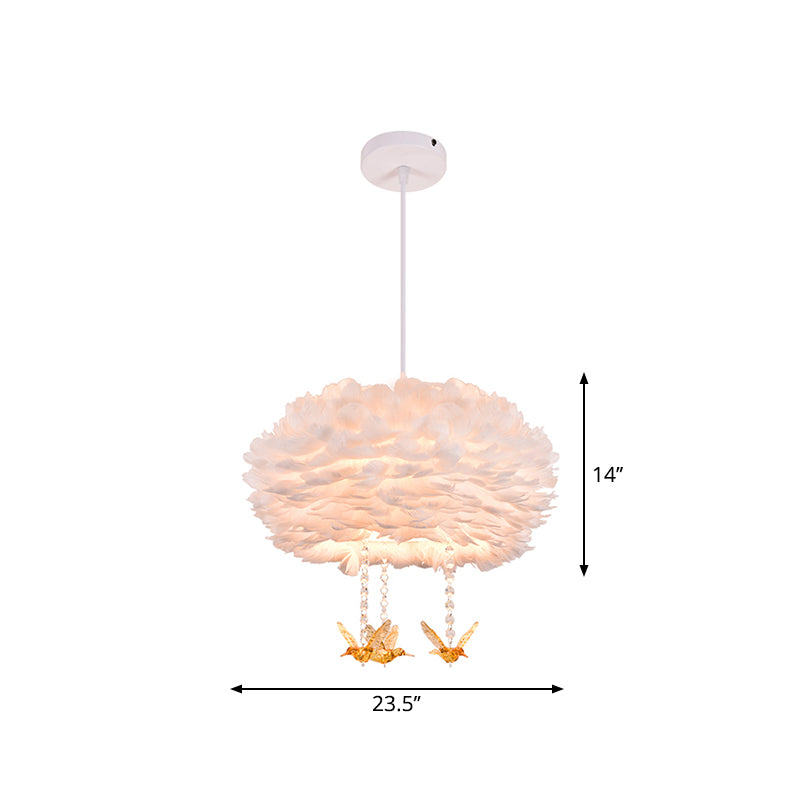 Drum Chandelier Modern Style Feather 3/4/5-Head White Pendant Light with Amber Bird Decor, 16"/19.5"/31.5" Width Clearhalo 'Ceiling Lights' 'Chandeliers' 'Modern Chandeliers' 'Modern' Lighting' 1981803