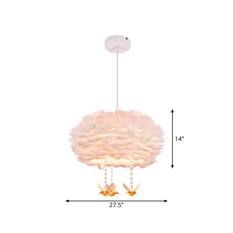 Drum Chandelier Modern Style Feather 3/4/5-Head White Pendant Light with Amber Bird Decor, 16"/19.5"/31.5" Width Clearhalo 'Ceiling Lights' 'Chandeliers' 'Modern Chandeliers' 'Modern' Lighting' 1981804