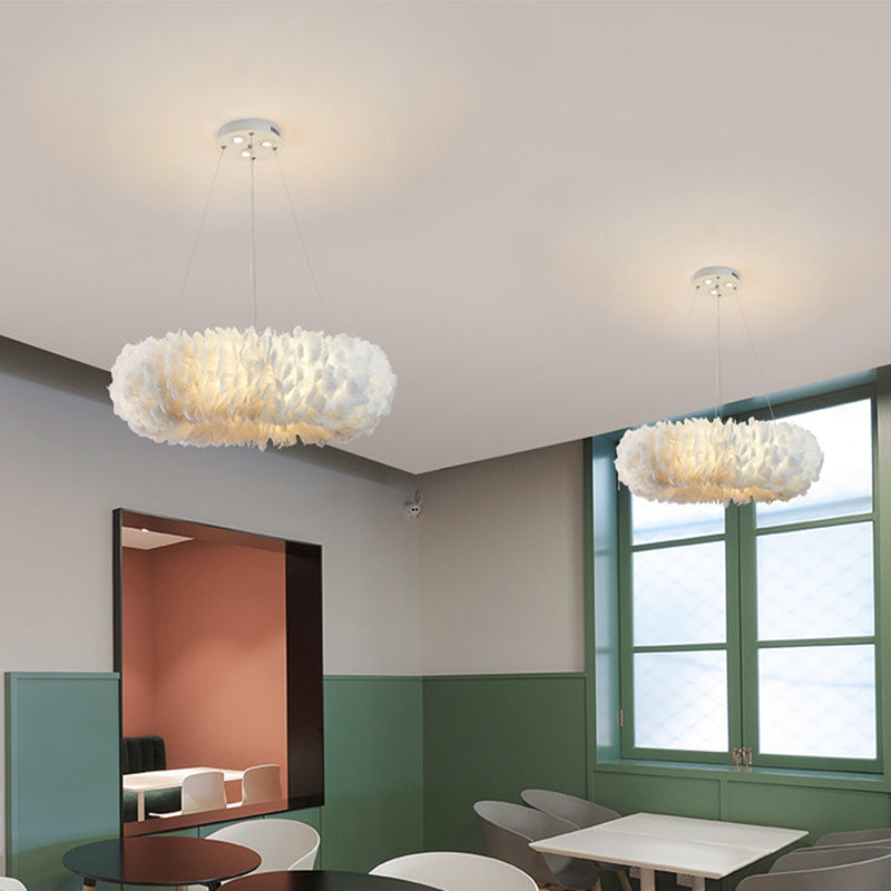 Circular Feather Suspension Pendant Light Simple 19.5"/27.5"/31.5" Wide 8 Bulbs White Hanging Lamp Clearhalo 'Ceiling Lights' 'Chandeliers' 'Modern Chandeliers' 'Modern' Lighting' 1981808