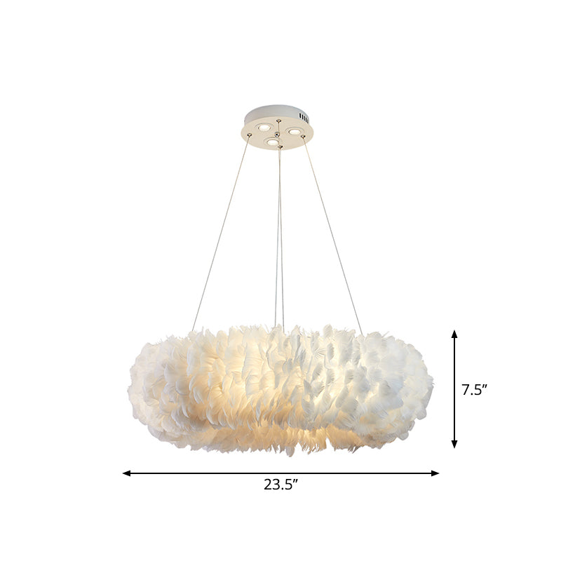 Circular Feather Suspension Pendant Light Simple 19.5"/27.5"/31.5" Wide 8 Bulbs White Hanging Lamp Clearhalo 'Ceiling Lights' 'Chandeliers' 'Modern Chandeliers' 'Modern' Lighting' 1981811