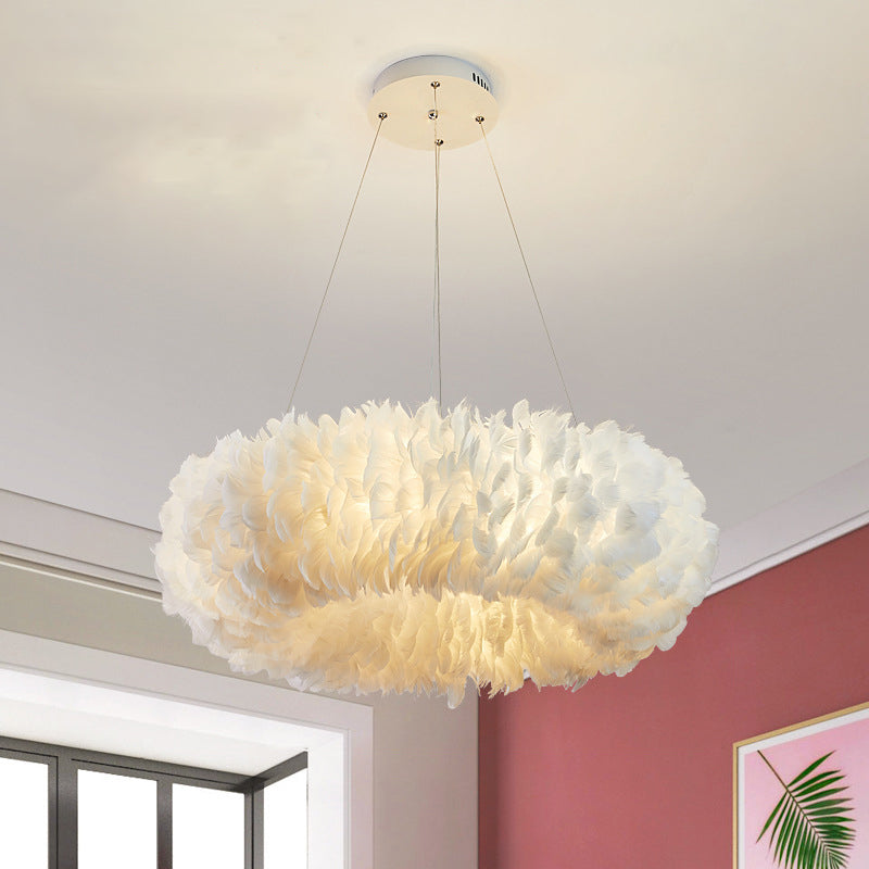 Circular Feather Suspension Pendant Light Simple 19.5"/27.5"/31.5" Wide 8 Bulbs White Hanging Lamp White A Clearhalo 'Ceiling Lights' 'Chandeliers' 'Modern Chandeliers' 'Modern' Lighting' 1981814