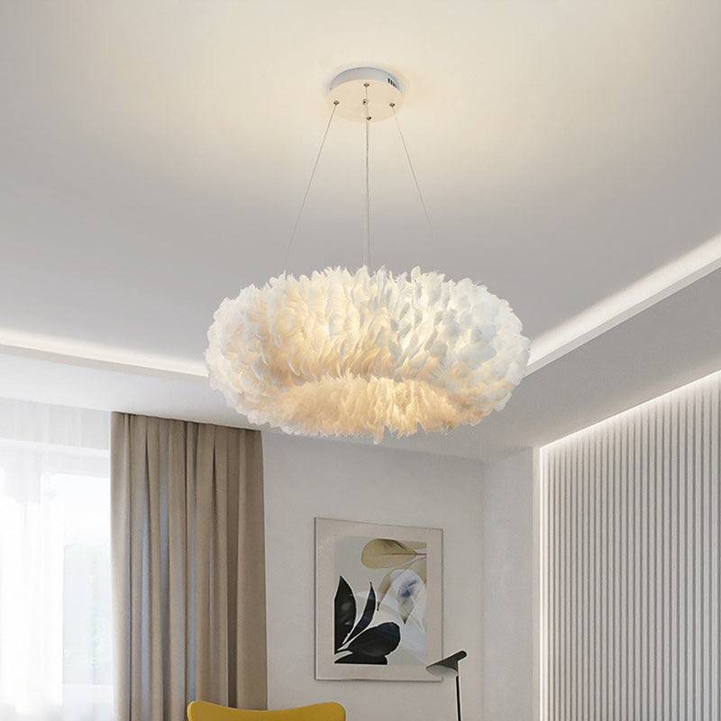 Circular Feather Suspension Pendant Light Simple 19.5"/27.5"/31.5" Wide 8 Bulbs White Hanging Lamp Clearhalo 'Ceiling Lights' 'Chandeliers' 'Modern Chandeliers' 'Modern' Lighting' 1981815