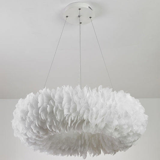 Circular Feather Suspension Pendant Light Simple 19.5"/27.5"/31.5" Wide 8 Bulbs White Hanging Lamp Clearhalo 'Ceiling Lights' 'Chandeliers' 'Modern Chandeliers' 'Modern' Lighting' 1981816