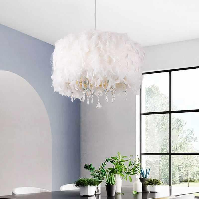 5 Lights Dining Room Chandelier Nordic White Hanging Pendant with Drum Feather Shade and Teardrop Crystal Clearhalo 'Ceiling Lights' 'Chandeliers' 'Modern Chandeliers' 'Modern' Lighting' 1981823