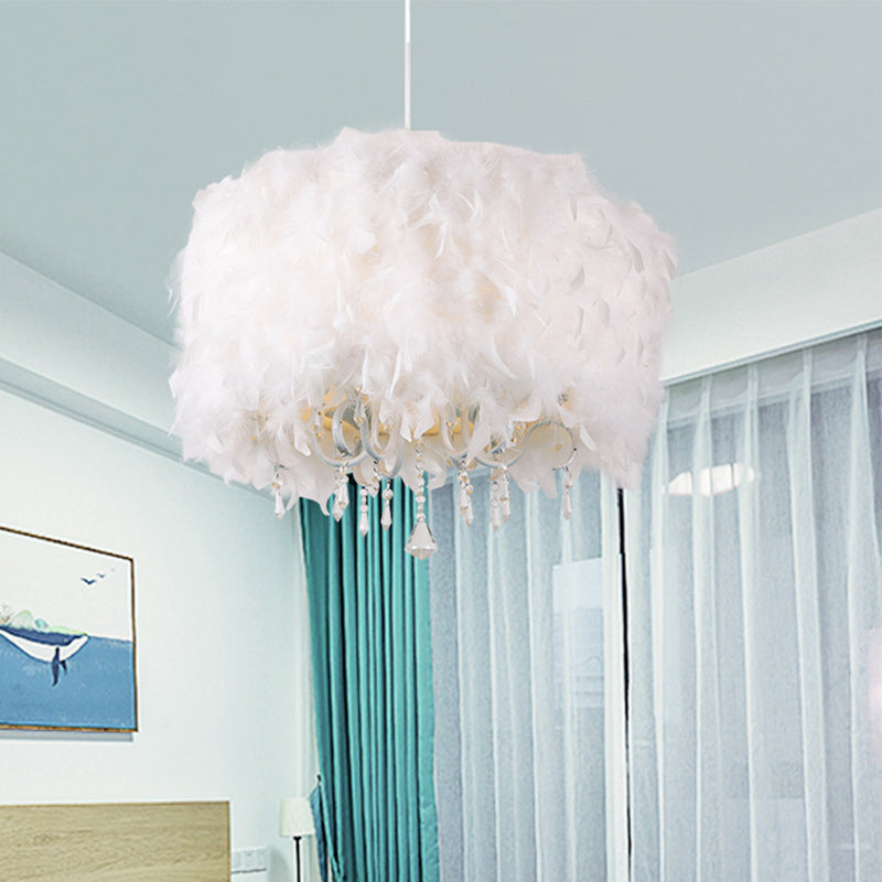 5 Lights Dining Room Chandelier Nordic White Hanging Pendant with Drum Feather Shade and Teardrop Crystal Clearhalo 'Ceiling Lights' 'Chandeliers' 'Modern Chandeliers' 'Modern' Lighting' 1981824