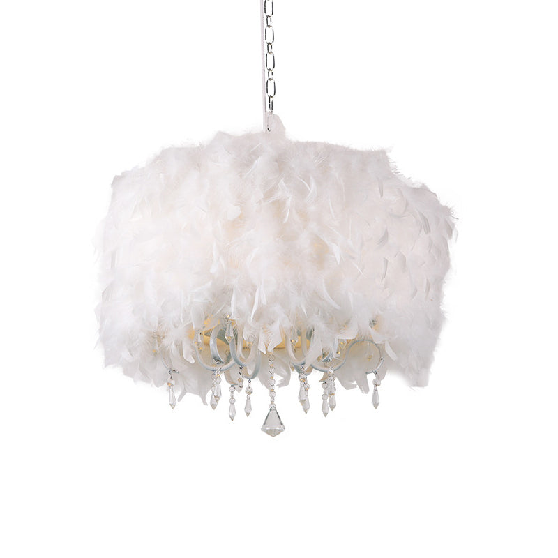 5 Lights Dining Room Chandelier Nordic White Hanging Pendant with Drum Feather Shade and Teardrop Crystal Clearhalo 'Ceiling Lights' 'Chandeliers' 'Modern Chandeliers' 'Modern' Lighting' 1981825