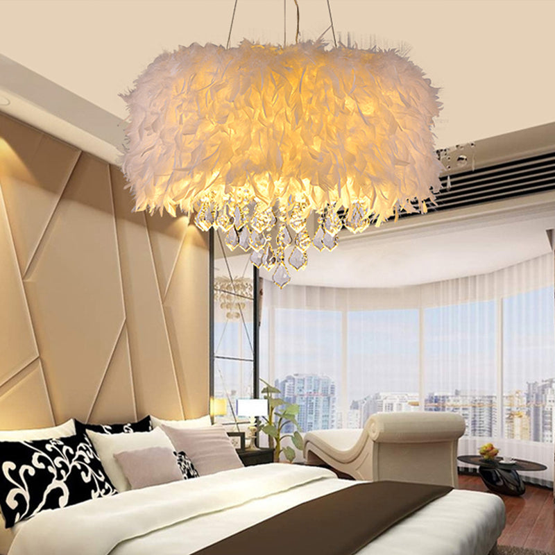White Drum Pendant Chandelier Modern 5/6/9-Light Feather Hanging Lamp with Crystal Drop, 16"/19.5"/27.5" Wide Clearhalo 'Ceiling Lights' 'Chandeliers' 'Modern Chandeliers' 'Modern' Lighting' 1981828
