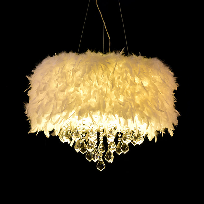 White Drum Pendant Chandelier Modern 5/6/9-Light Feather Hanging Lamp with Crystal Drop, 16"/19.5"/27.5" Wide Clearhalo 'Ceiling Lights' 'Chandeliers' 'Modern Chandeliers' 'Modern' Lighting' 1981829