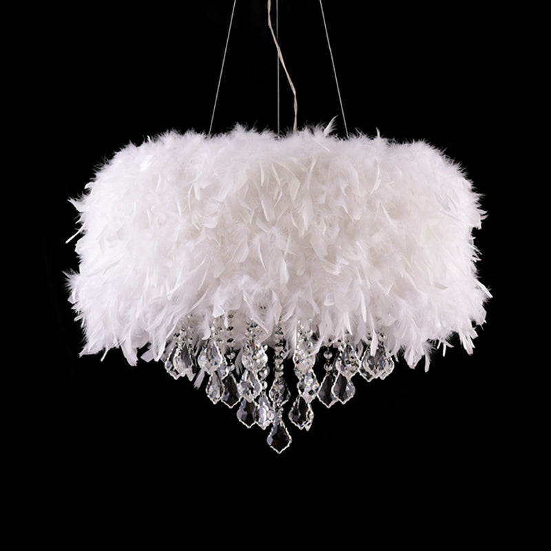 White Drum Pendant Chandelier Modern 5/6/9-Light Feather Hanging Lamp with Crystal Drop, 16"/19.5"/27.5" Wide Clearhalo 'Ceiling Lights' 'Chandeliers' 'Modern Chandeliers' 'Modern' Lighting' 1981830