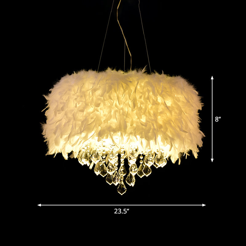 White Drum Pendant Chandelier Modern 5/6/9-Light Feather Hanging Lamp with Crystal Drop, 16"/19.5"/27.5" Wide Clearhalo 'Ceiling Lights' 'Chandeliers' 'Modern Chandeliers' 'Modern' Lighting' 1981831
