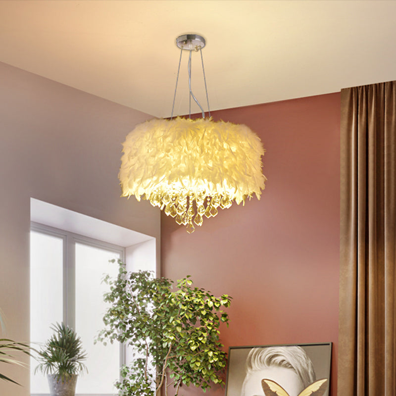 White Drum Pendant Chandelier Modern 5/6/9-Light Feather Hanging Lamp with Crystal Drop, 16"/19.5"/27.5" Wide White 27.5" Clearhalo 'Ceiling Lights' 'Chandeliers' 'Modern Chandeliers' 'Modern' Lighting' 1981832