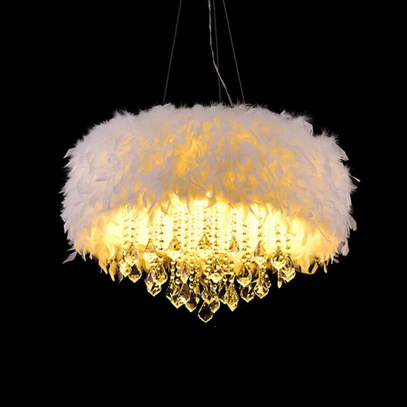 White Drum Pendant Chandelier Modern 5/6/9-Light Feather Hanging Lamp with Crystal Drop, 16"/19.5"/27.5" Wide Clearhalo 'Ceiling Lights' 'Chandeliers' 'Modern Chandeliers' 'Modern' Lighting' 1981833