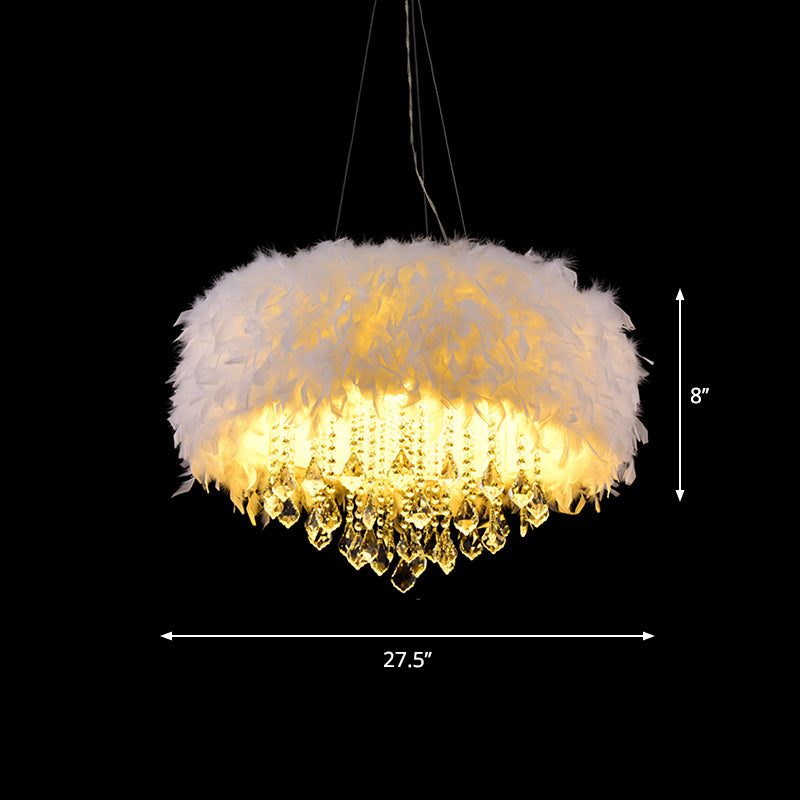 White Drum Pendant Chandelier Modern 5/6/9-Light Feather Hanging Lamp with Crystal Drop, 16"/19.5"/27.5" Wide Clearhalo 'Ceiling Lights' 'Chandeliers' 'Modern Chandeliers' 'Modern' Lighting' 1981834