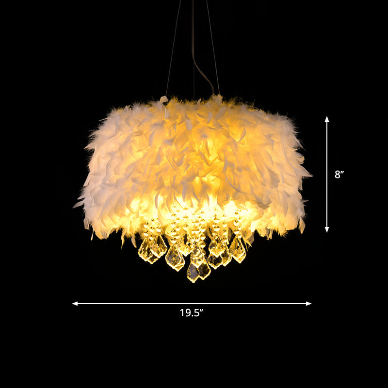 White Drum Pendant Chandelier Modern 5/6/9-Light Feather Hanging Lamp with Crystal Drop, 16"/19.5"/27.5" Wide Clearhalo 'Ceiling Lights' 'Chandeliers' 'Modern Chandeliers' 'Modern' Lighting' 1981836