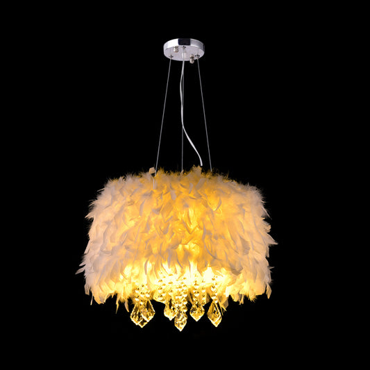 White Drum Pendant Chandelier Modern 5/6/9-Light Feather Hanging Lamp with Crystal Drop, 16"/19.5"/27.5" Wide Clearhalo 'Ceiling Lights' 'Chandeliers' 'Modern Chandeliers' 'Modern' Lighting' 1981837