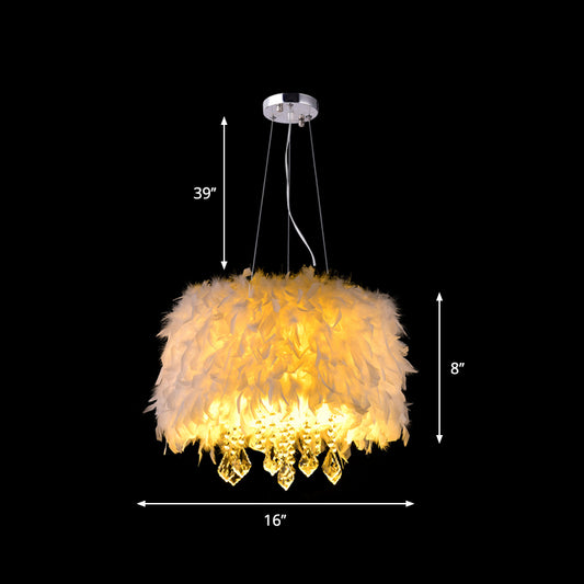 White Drum Pendant Chandelier Modern 5/6/9-Light Feather Hanging Lamp with Crystal Drop, 16"/19.5"/27.5" Wide White 16" Clearhalo 'Ceiling Lights' 'Chandeliers' 'Modern Chandeliers' 'Modern' Lighting' 1981838
