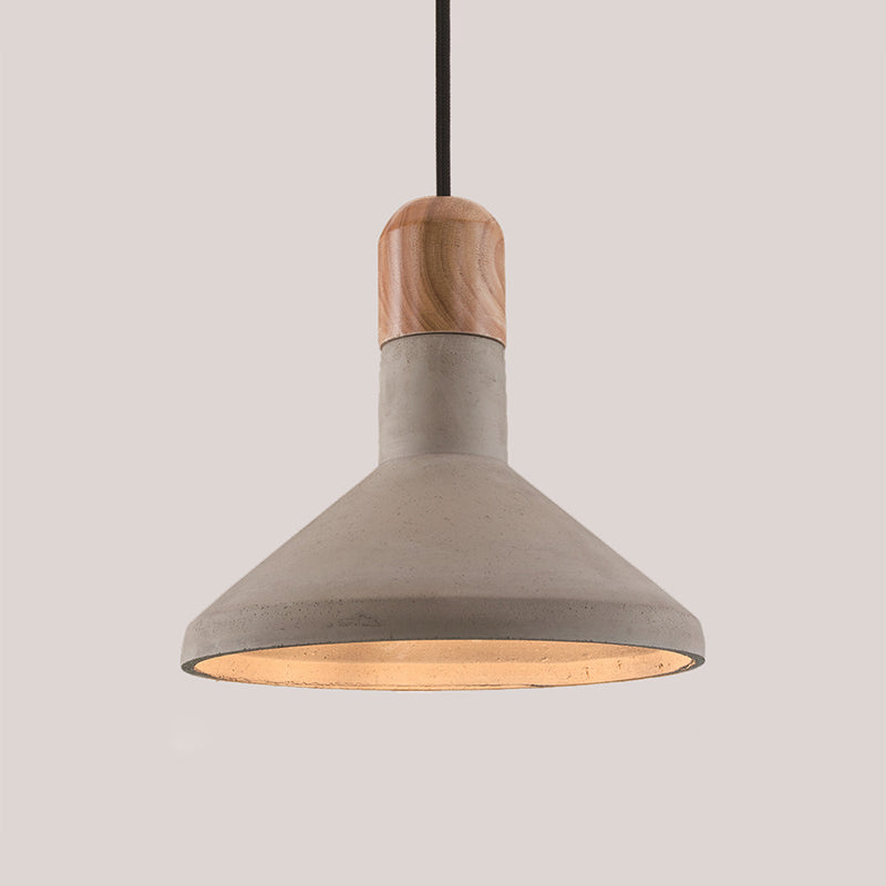 Funnel Cement Pendulum Light Nordic 1 Bulb Grey Ceiling Pendant with Wood Top for Dining Room Grey Clearhalo 'Ceiling Lights' 'Industrial Pendants' 'Industrial' 'Middle Century Pendants' 'Pendant Lights' 'Pendants' 'Tiffany' Lighting' 1982042