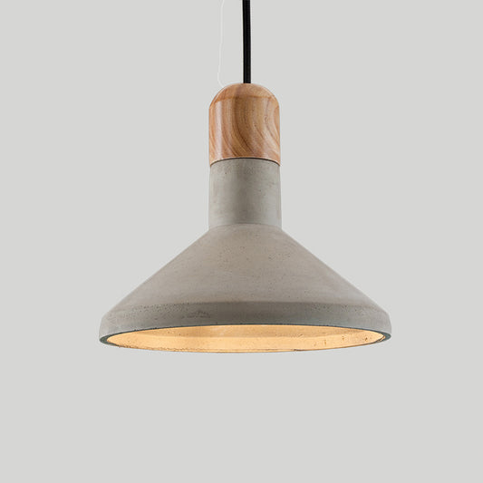 Funnel Cement Pendulum Light Nordic 1 Bulb Grey Ceiling Pendant with Wood Top for Dining Room Clearhalo 'Ceiling Lights' 'Industrial Pendants' 'Industrial' 'Middle Century Pendants' 'Pendant Lights' 'Pendants' 'Tiffany' Lighting' 1982043