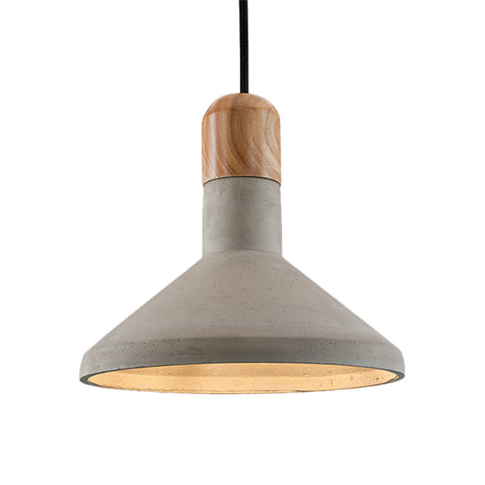 Funnel Cement Pendulum Light Nordic 1 Bulb Grey Ceiling Pendant with Wood Top for Dining Room Clearhalo 'Ceiling Lights' 'Industrial Pendants' 'Industrial' 'Middle Century Pendants' 'Pendant Lights' 'Pendants' 'Tiffany' Lighting' 1982044