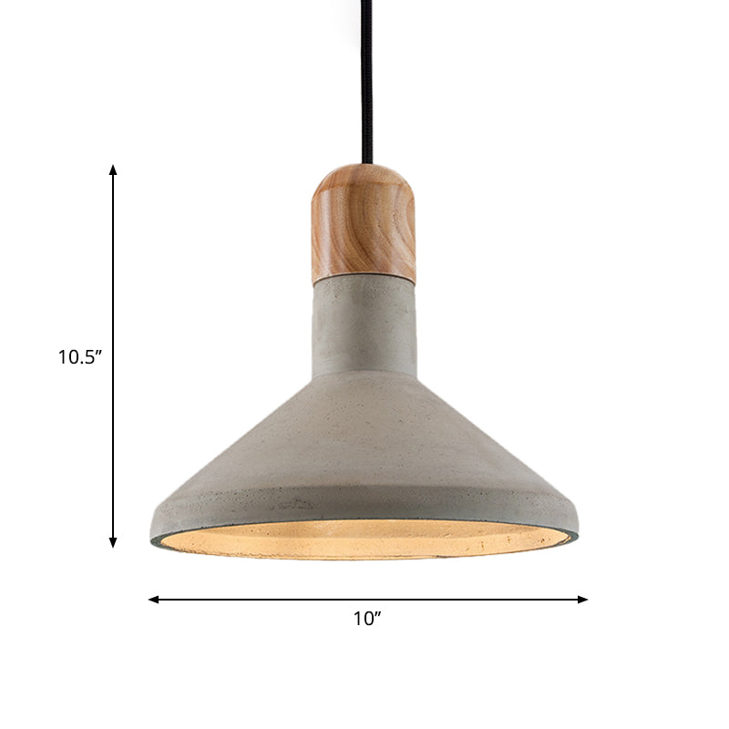 Funnel Cement Pendulum Light Nordic 1 Bulb Grey Ceiling Pendant with Wood Top for Dining Room Clearhalo 'Ceiling Lights' 'Industrial Pendants' 'Industrial' 'Middle Century Pendants' 'Pendant Lights' 'Pendants' 'Tiffany' Lighting' 1982045