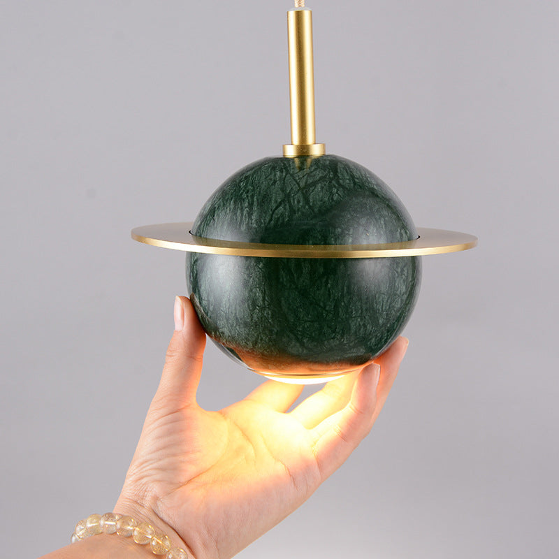 Designer Globe Hanging Light Marble Restaurant LED Pendant Lamp in Black/White/Green with Brass Ring Clearhalo 'Ceiling Lights' 'Modern Pendants' 'Modern' 'Pendant Lights' 'Pendants' Lighting' 1982202