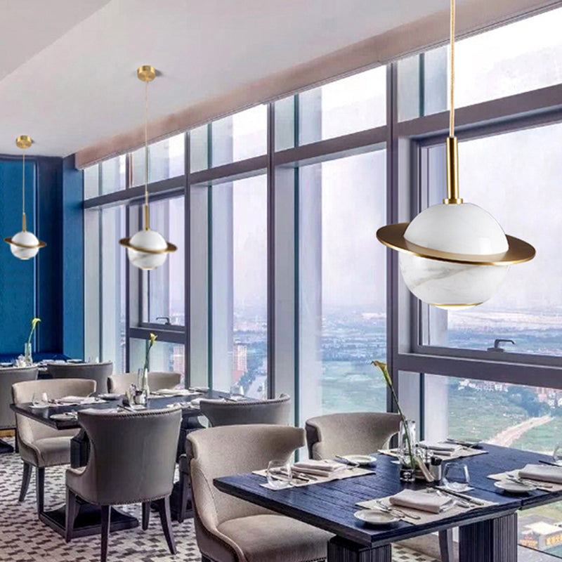 Designer Globe Hanging Light Marble Restaurant LED Pendant Lamp in Black/White/Green with Brass Ring White Clearhalo 'Ceiling Lights' 'Modern Pendants' 'Modern' 'Pendant Lights' 'Pendants' Lighting' 1982206