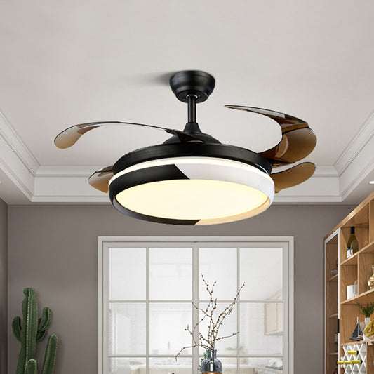 20" Wide Round Acrylic Hanging Fan Light Modernism LED Semi Flush Mount Lighting for Living Room, 4 Blades Black-White Clearhalo 'Ceiling Fans with Lights' 'Ceiling Fans' 'Modern Ceiling Fans' 'Modern' Lighting' 1982213