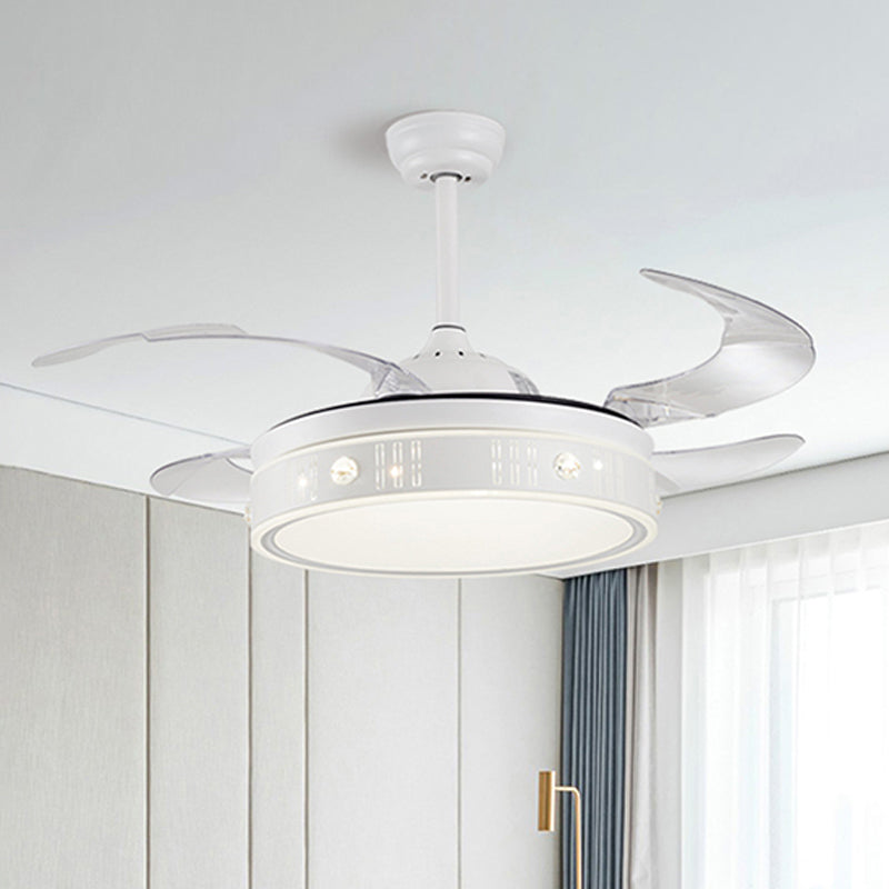 Drum Shade 4-Blade Hanging Fan Lamp Simple LED White Semi Flush Mount, 20" Wide White E Clearhalo 'Ceiling Fans with Lights' 'Ceiling Fans' 'Modern Ceiling Fans' 'Modern' Lighting' 1982260