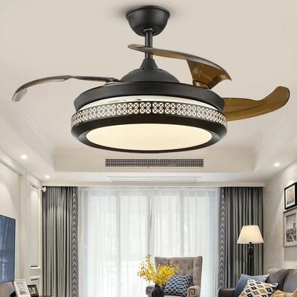 4-Blade Hollow-out Circle Semi Flush Contemporary Acrylic 20" Wide LED Black Pendant Fan Light Fixture Black Clearhalo 'Ceiling Fans with Lights' 'Ceiling Fans' 'Modern Ceiling Fans' 'Modern' Lighting' 1982270