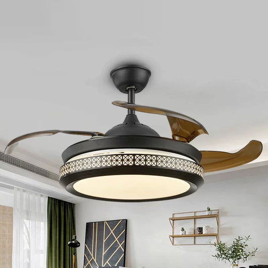 4-Blade Hollow-out Circle Semi Flush Contemporary Acrylic 20" Wide LED Black Pendant Fan Light Fixture Clearhalo 'Ceiling Fans with Lights' 'Ceiling Fans' 'Modern Ceiling Fans' 'Modern' Lighting' 1982271